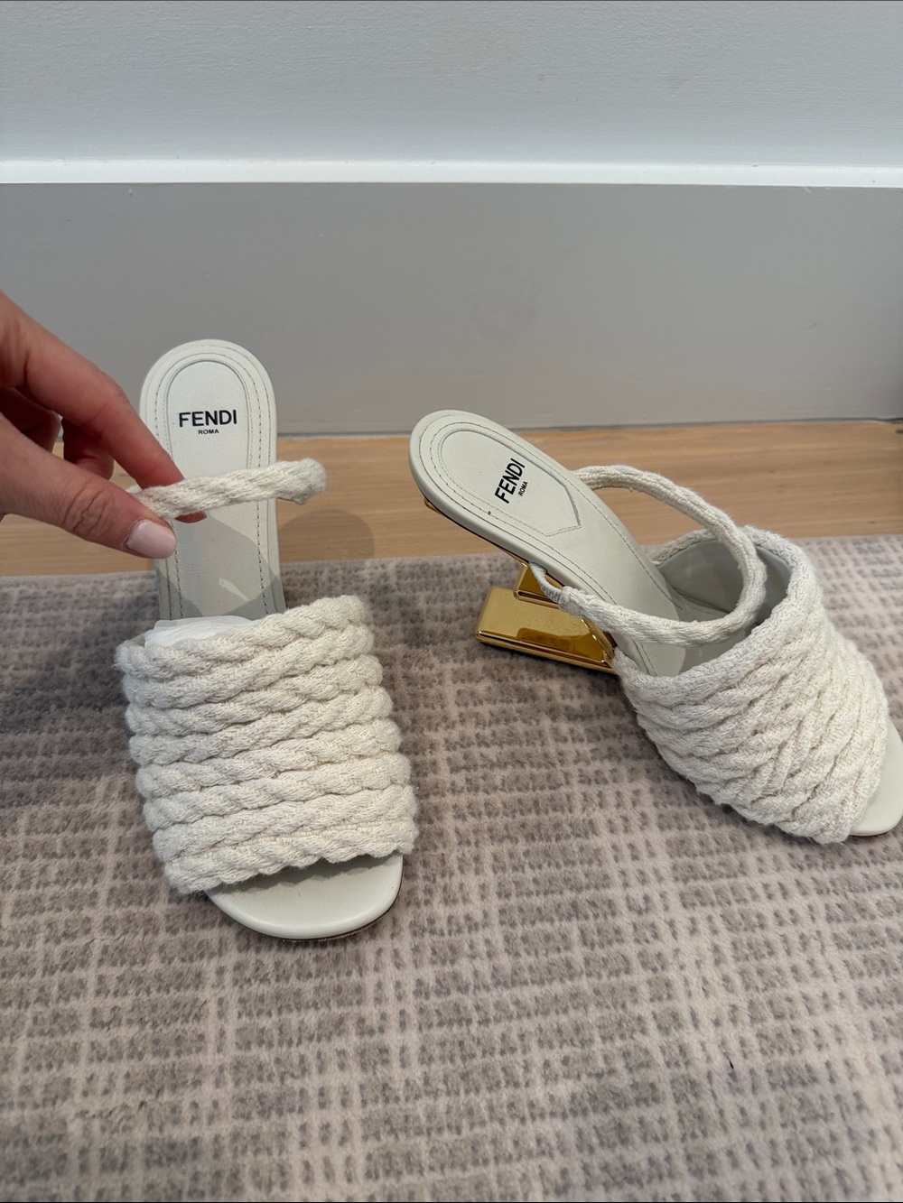 Fendi Cream Braided Rope Slingback Mules with Gold Heel